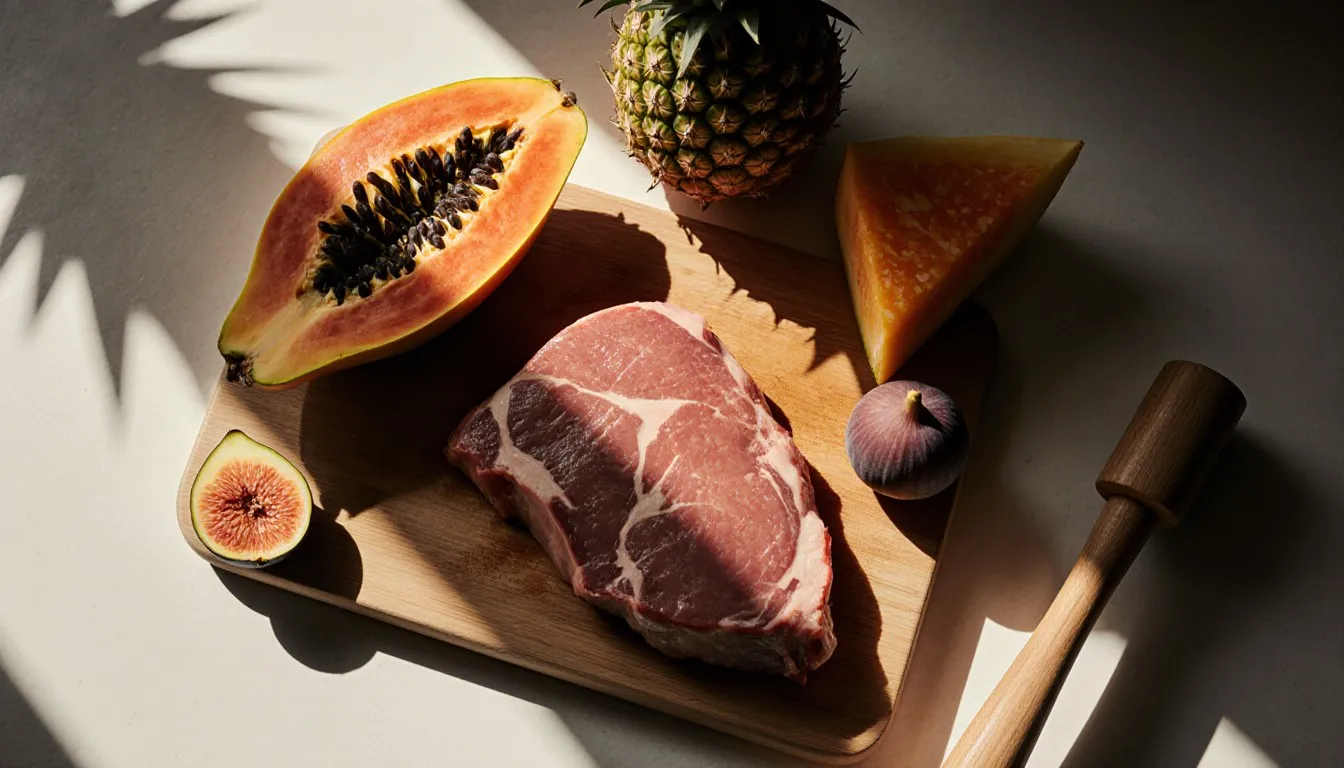 Papaya, pineapple, figs, and a meat mallet arranged around a raw steak as natural meat tenderizer substitutes