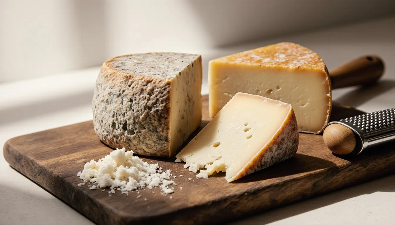 Wedges of hard aged cheese and crumbled feta arranged on a wooden board, substitutes for mizithra cheese