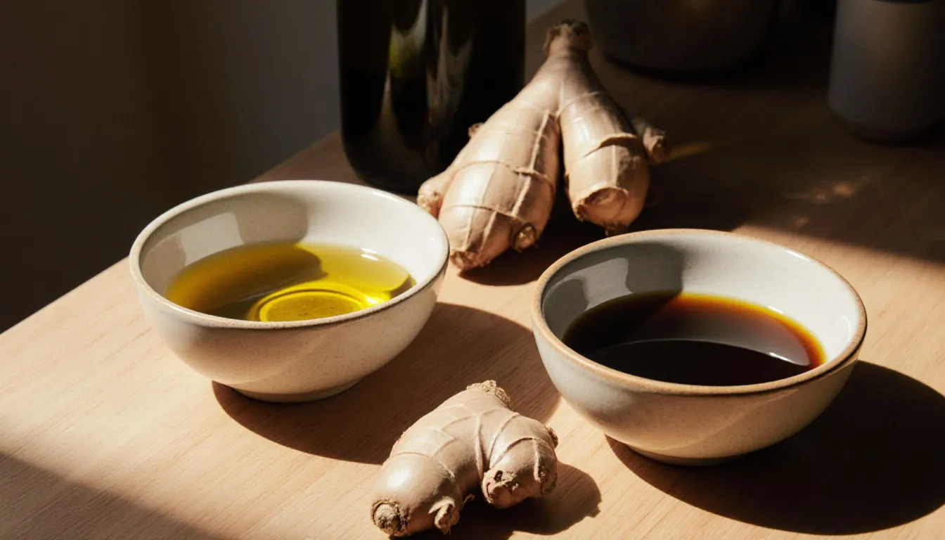 Bowls of olive oil, sunflower oil, and balsamic vinegar beside fresh ginger, substitutes for mustard oil