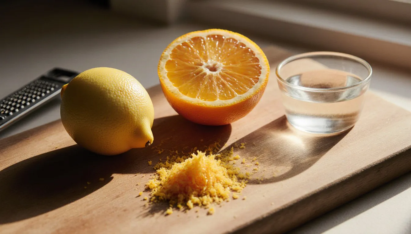 Fresh orange zest beside a halved orange, lemon, and grater on a wooden cutting board