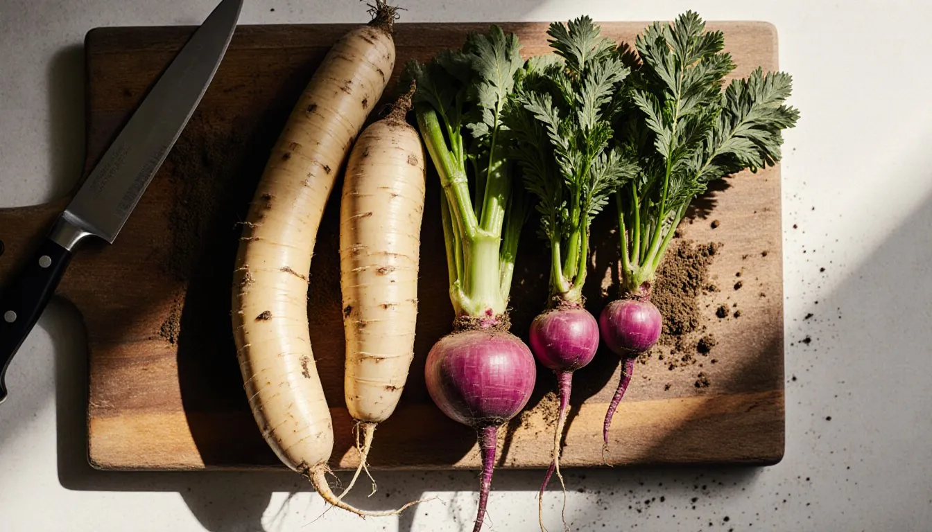 Raw parsnips arranged with turnips, celery root, and parsley root on a wooden board