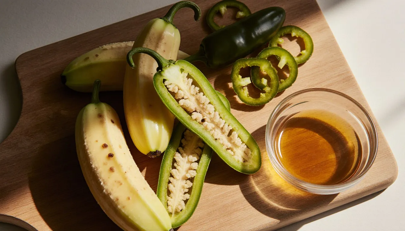 Whole and sliced pepperoncini peppers with banana peppers and pickled jalapeños on a wooden board