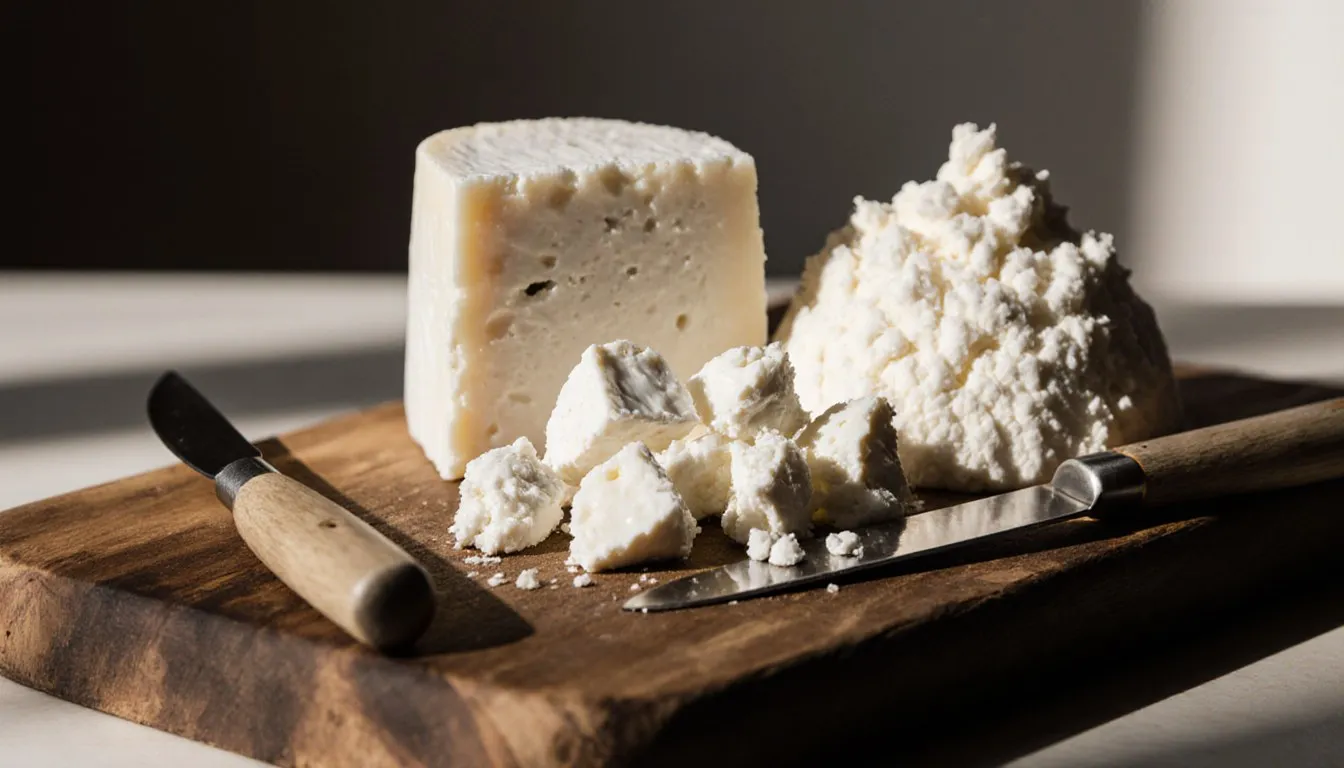 Crumbled feta, paneer, and farmer cheese arranged on a wooden board as queso fresco substitutes