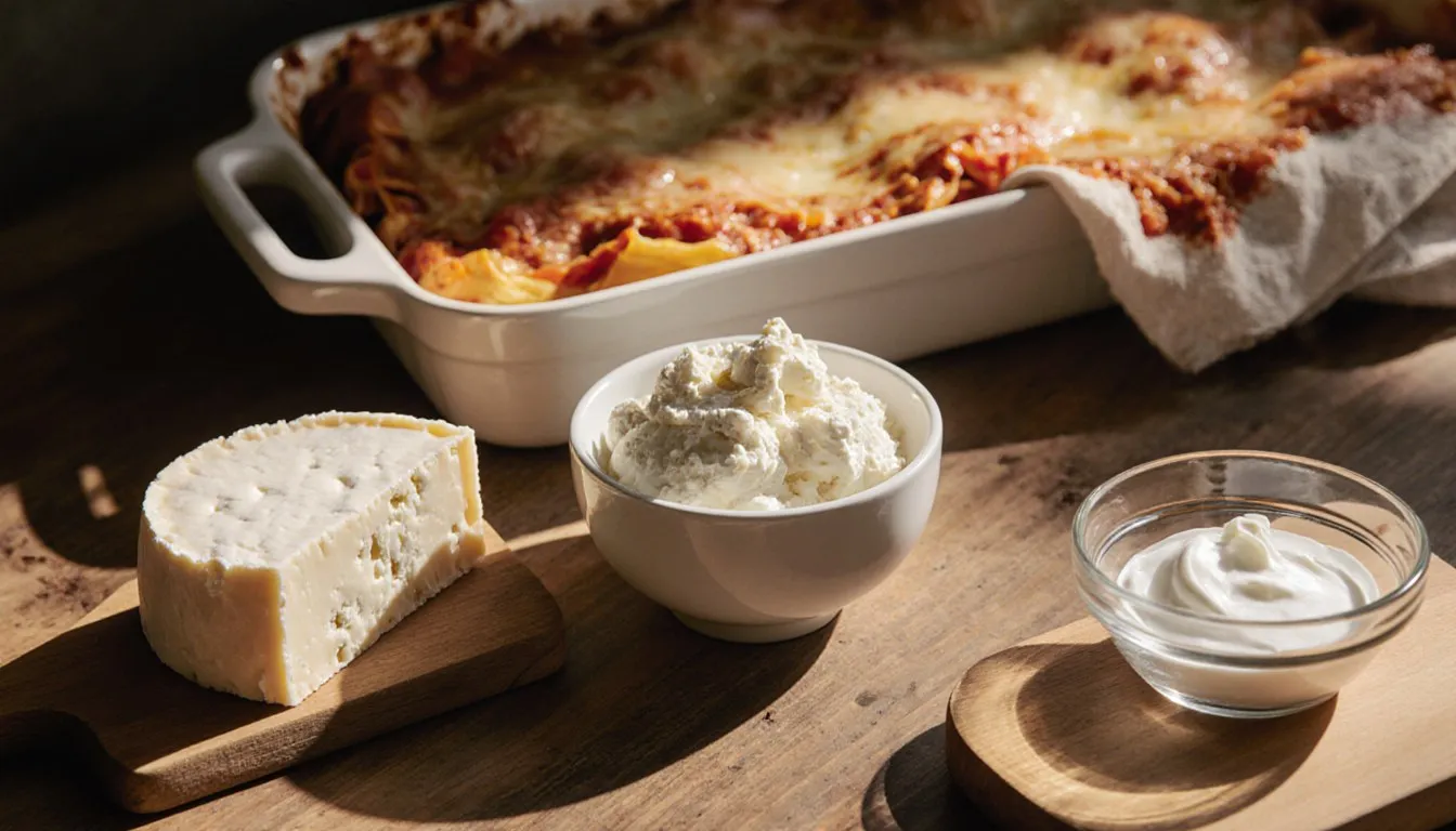 Cottage cheese, goat cheese, and sour cream arranged as substitutes for ricotta beside a lasagna dish