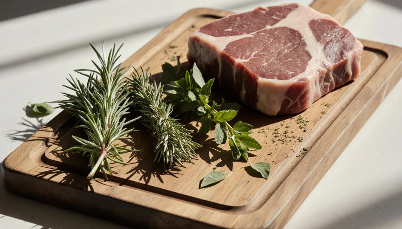 Fresh rosemary, thyme, and tarragon sprigs arranged on a wooden board beside raw meat