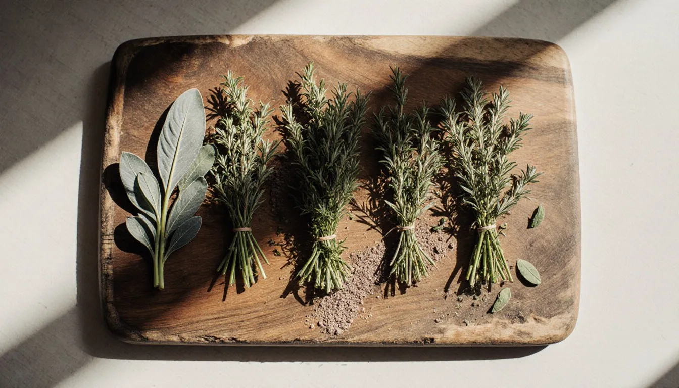 Fresh sage leaves beside rosemary, thyme, marjoram, and savory sprigs on a wooden cutting board