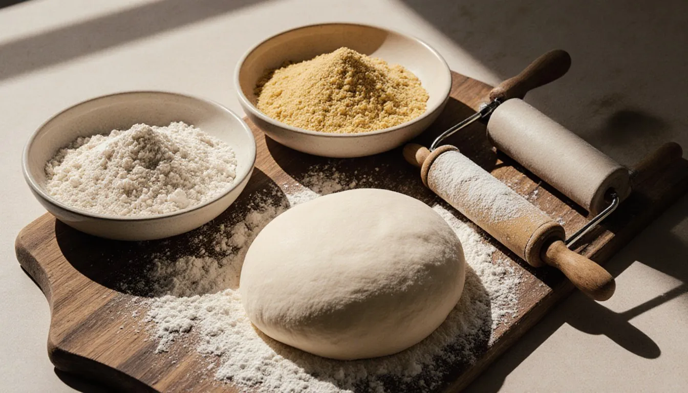 Bowls of alternative flours arranged beside fresh homemade pasta dough on a floured wooden board