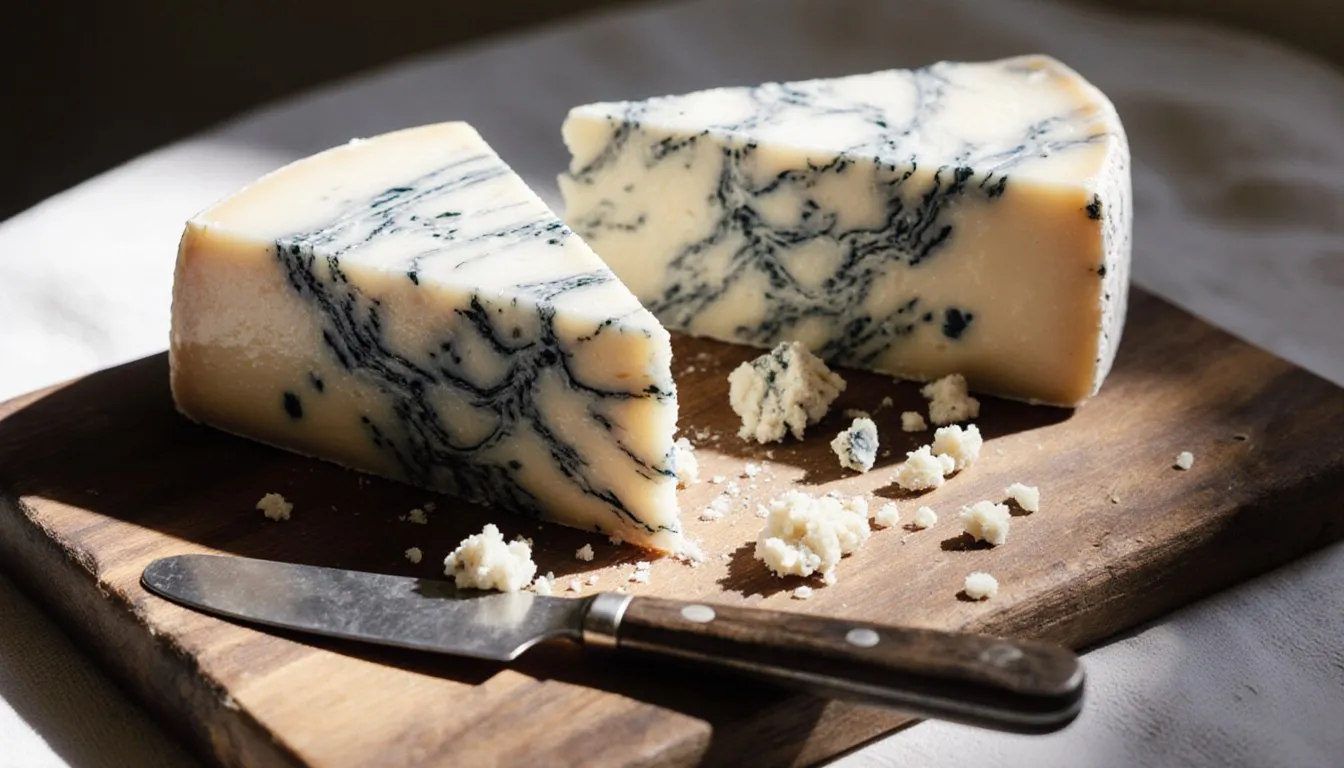 Wedges of blue-veined cheese with visible marbling arranged on a wooden board as Stilton alternatives