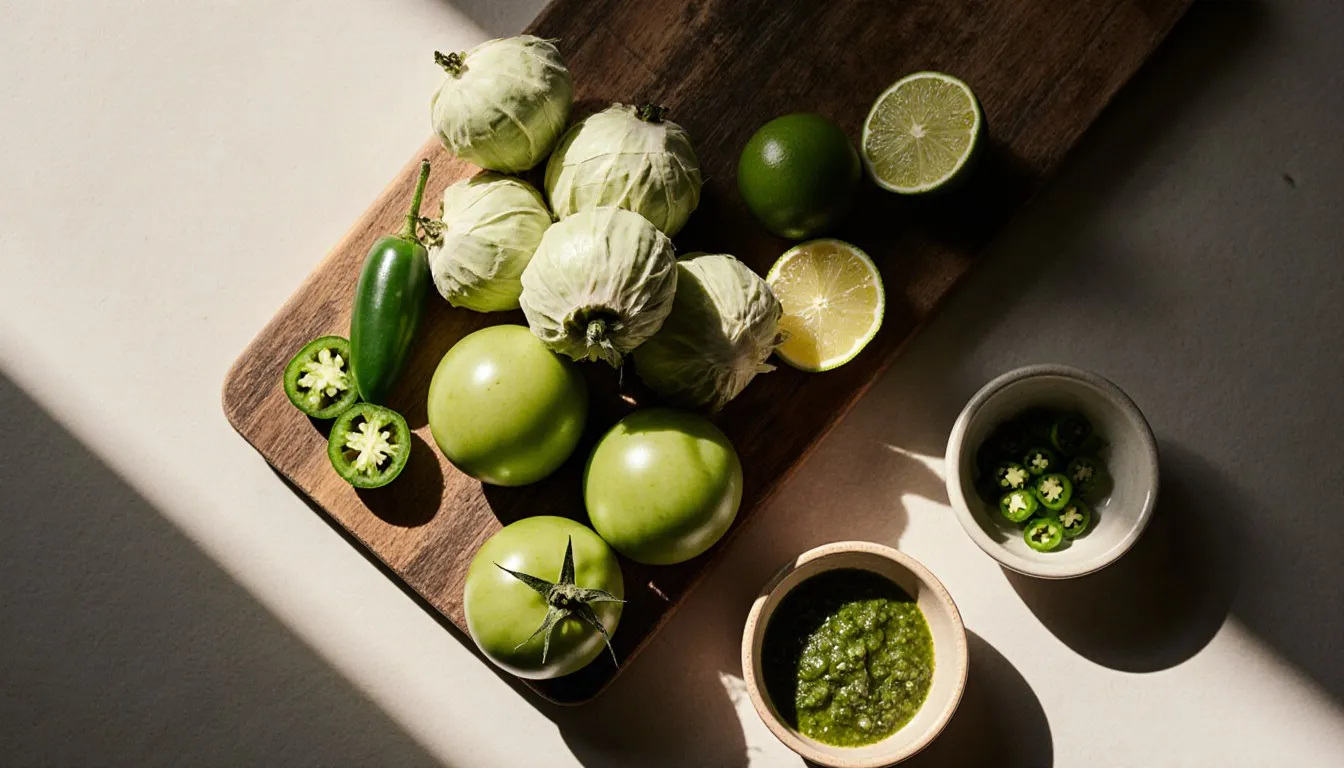 Fresh tomatillos with husks alongside green tomatoes and jalapeños, ingredients for salsa verde substitutes