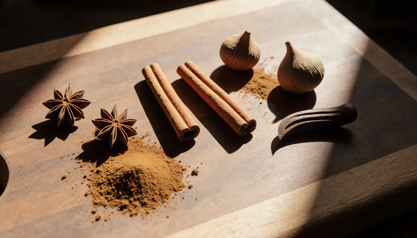 Allspice, cinnamon, nutmeg, and mace arranged as ginger substitutes on a wooden board