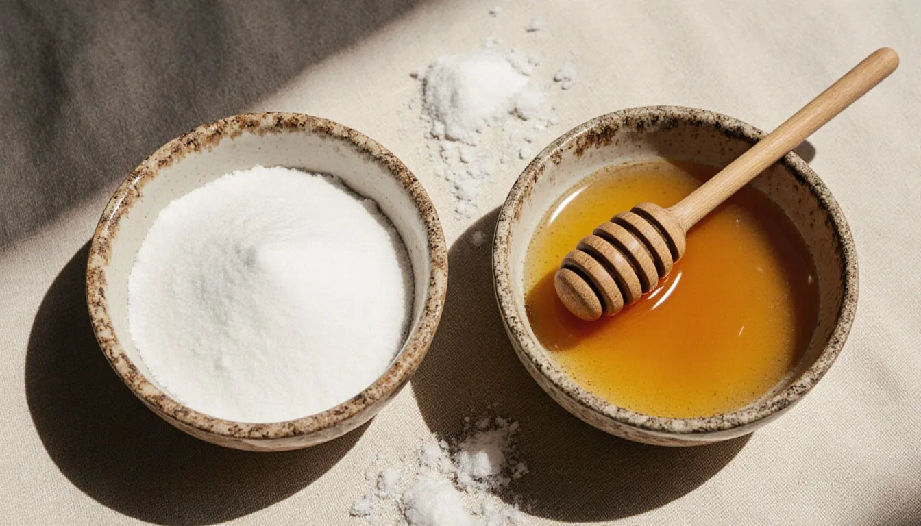 Two ceramic bowls side by side, one of sugar and one of honey with a wooden dipper