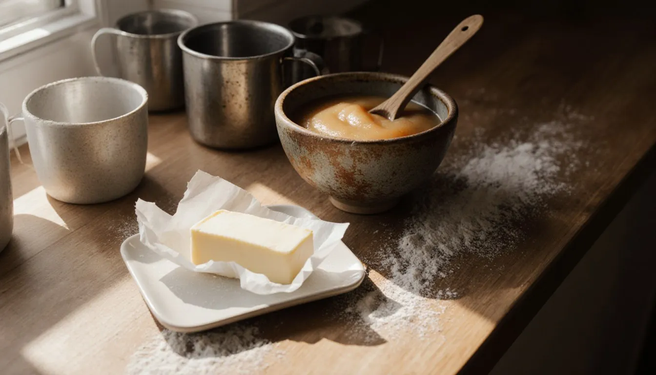 A stick of butter beside a bowl of applesauce on a floured kitchen counter, illustrating the baking substitution