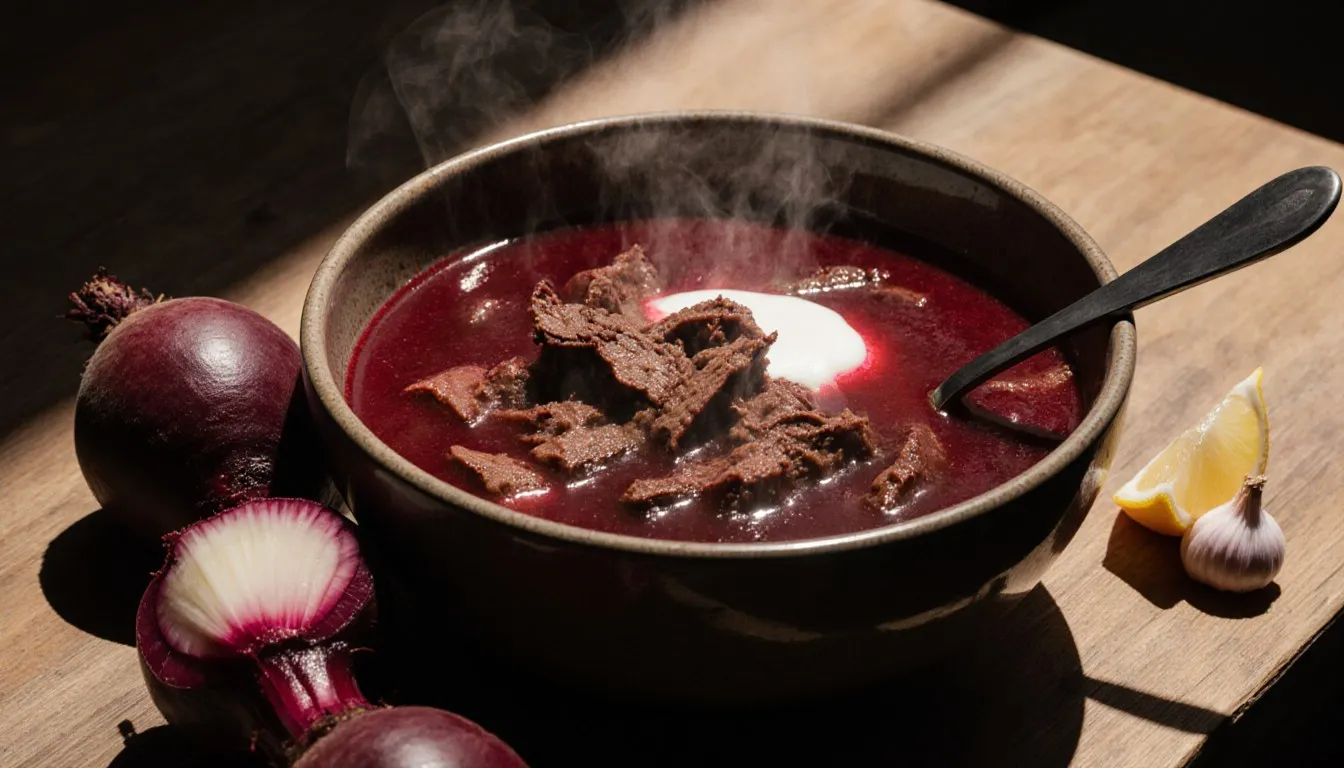 A bowl of ruby-red beet borscht with brisket, beside a halved sugar beet and garlic clove