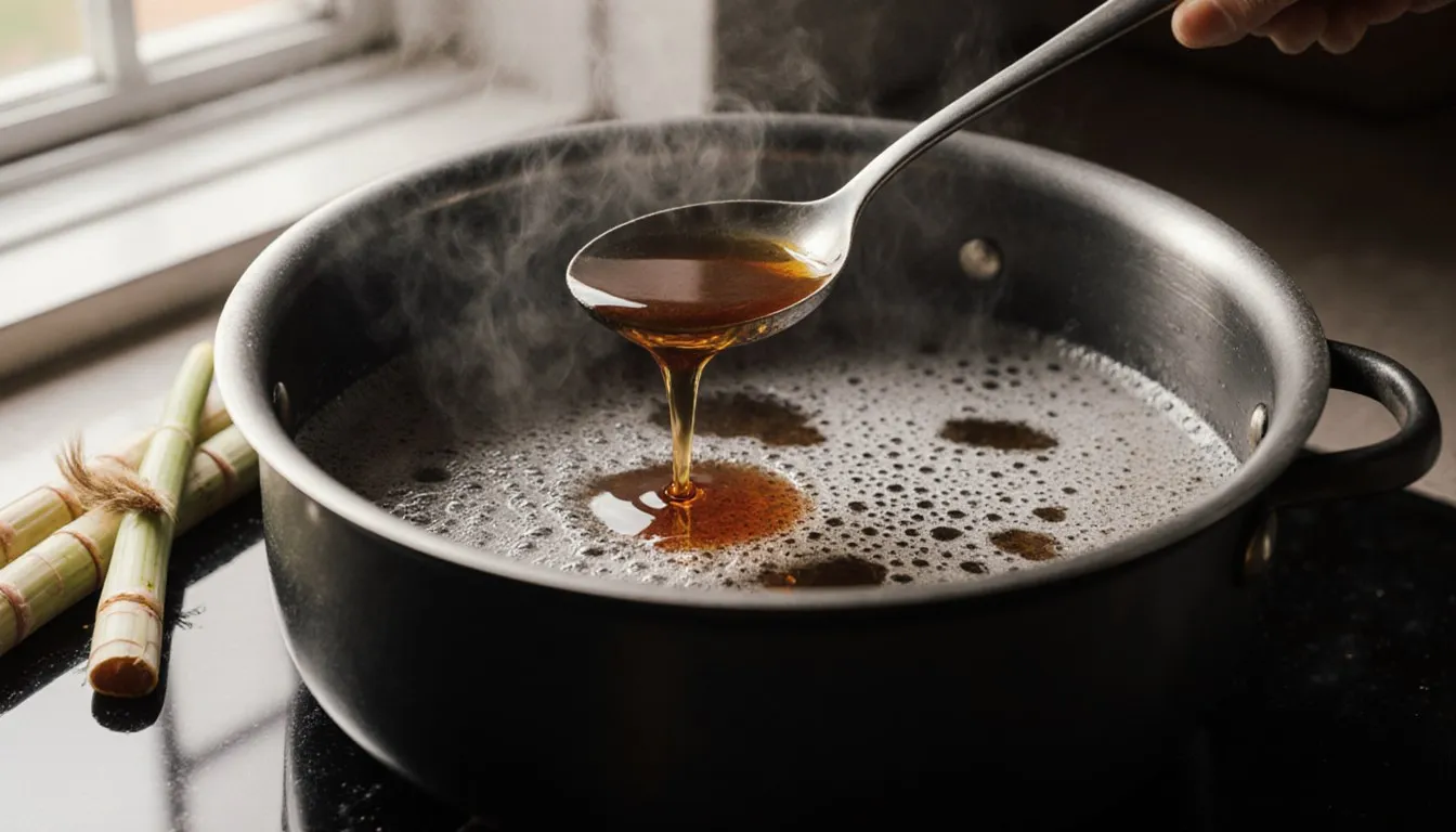 A pot of amber sugar cane syrup boiling, with foam skimmed off the surface using a slotted spoon.