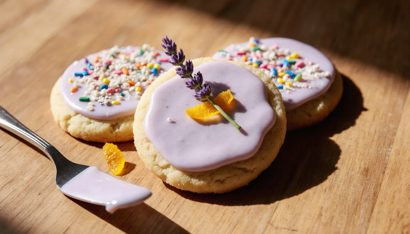 Frosted round sugar cookies dusted with sanding sugar, one topped with a lavender sprig and orange zest