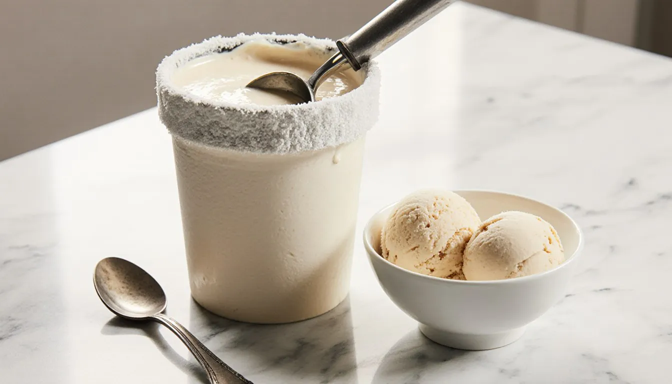 A scoop of ice cream lifted from an unlabeled pint beside a bowl of softly melting scoops on a kitchen counter