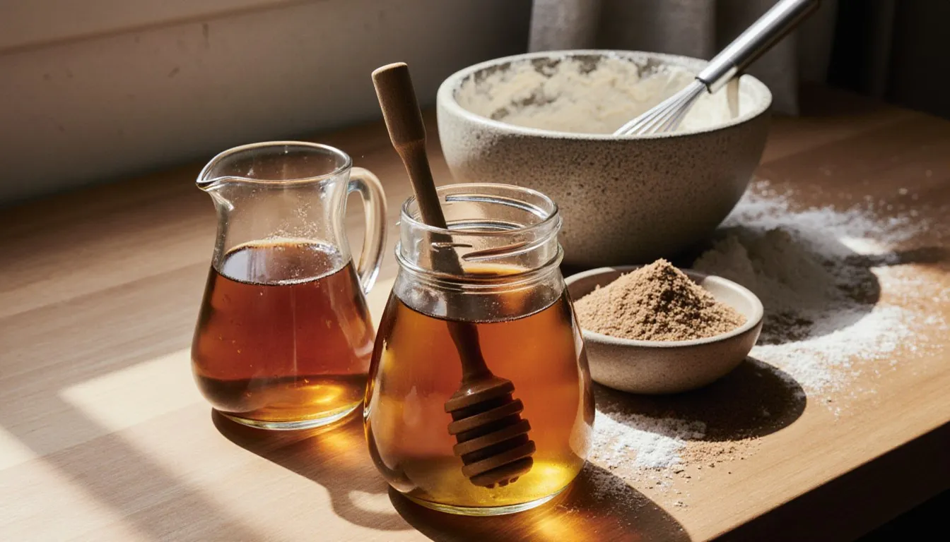 Honey, maple syrup, and coconut sugar arranged beside a bowl of cake batter on a countertop