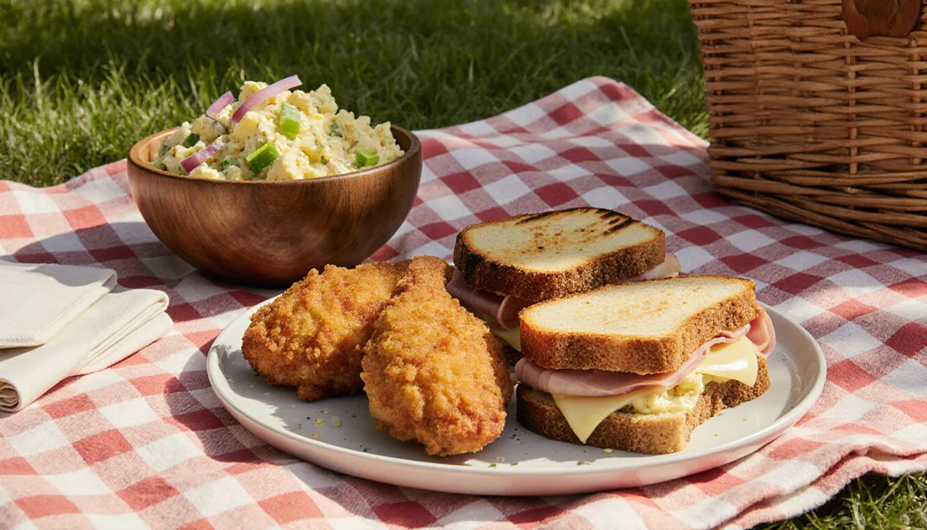 Picnic spread with fried chicken, potato and egg salad, and grilled ham and gouda sandwiches on a blanket