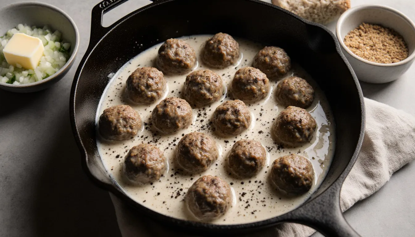Browned Swedish meatballs in a creamy sauce, simmered in a cast iron skillet