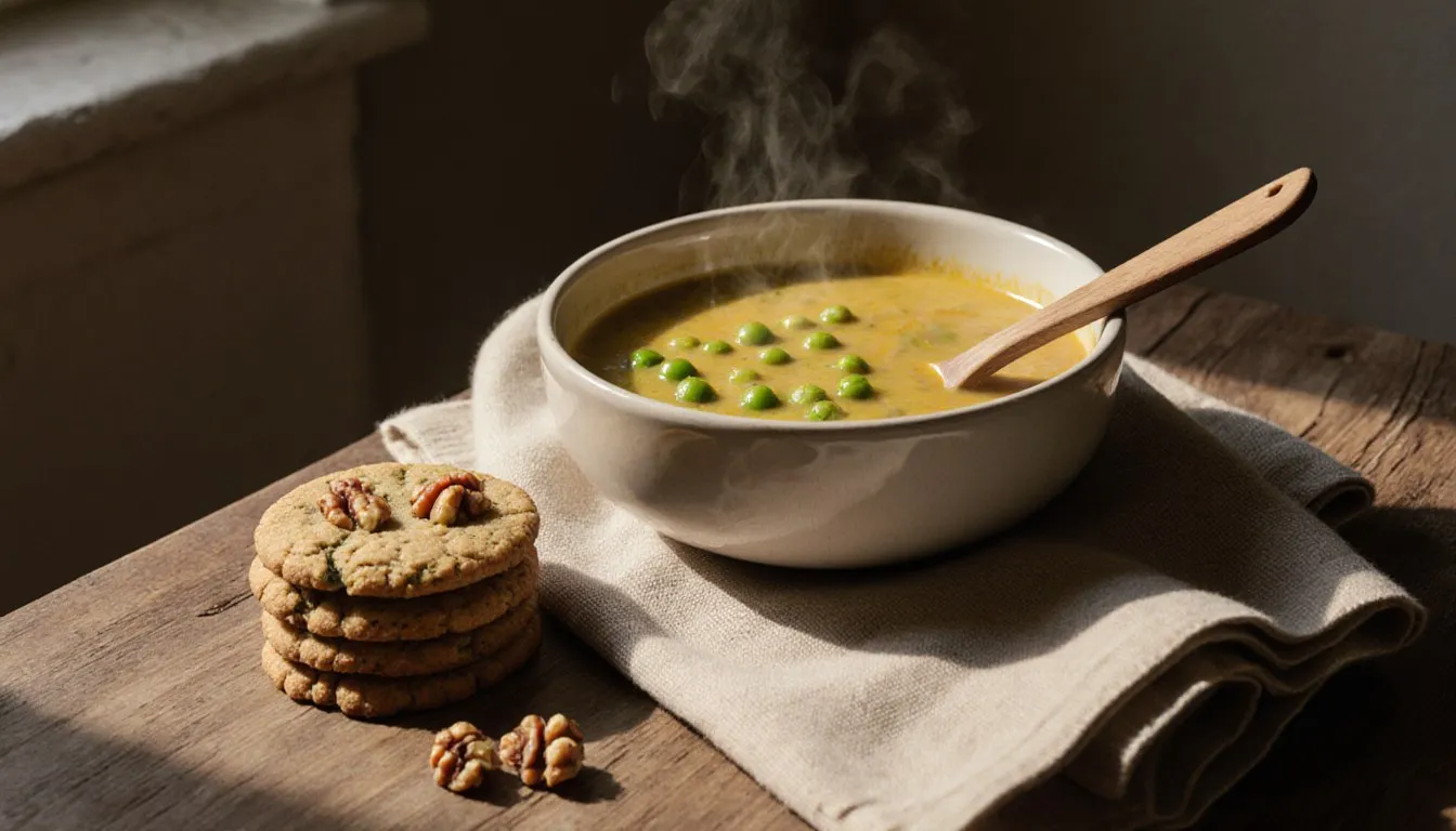 A bowl of golden Swedish yellow pea soup beside a stack of crisp walnut cookies on a wooden table