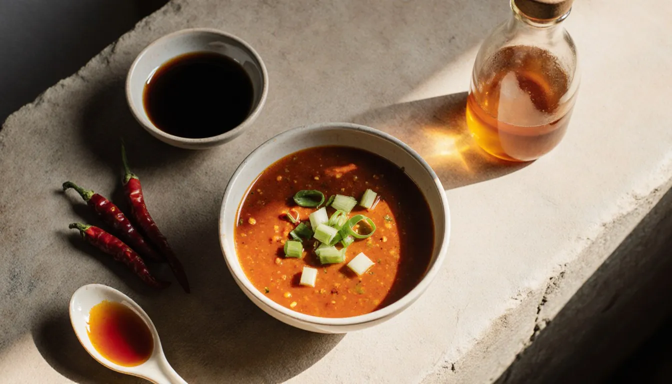 A bowl of glossy homemade sweet chili sauce with scallions beside soy sauce and a spoon of honey