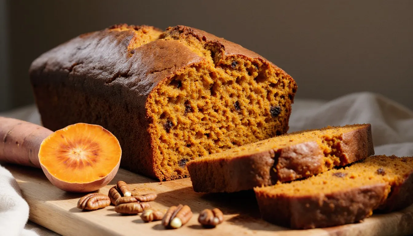 A sliced loaf of sweet potato bread with a moist orange crumb, served with chopped pecans on a wooden board