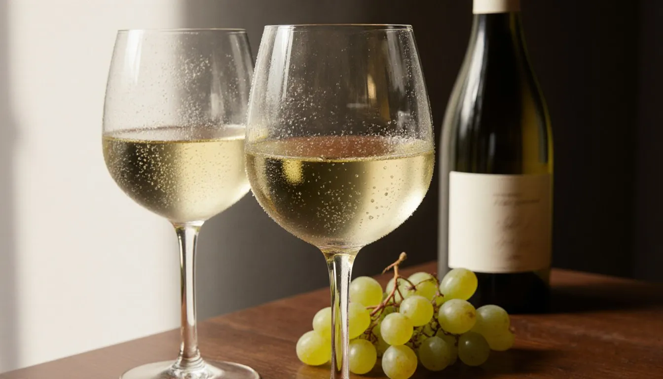Glasses of golden sweet white wine beside a cluster of grapes in soft natural light