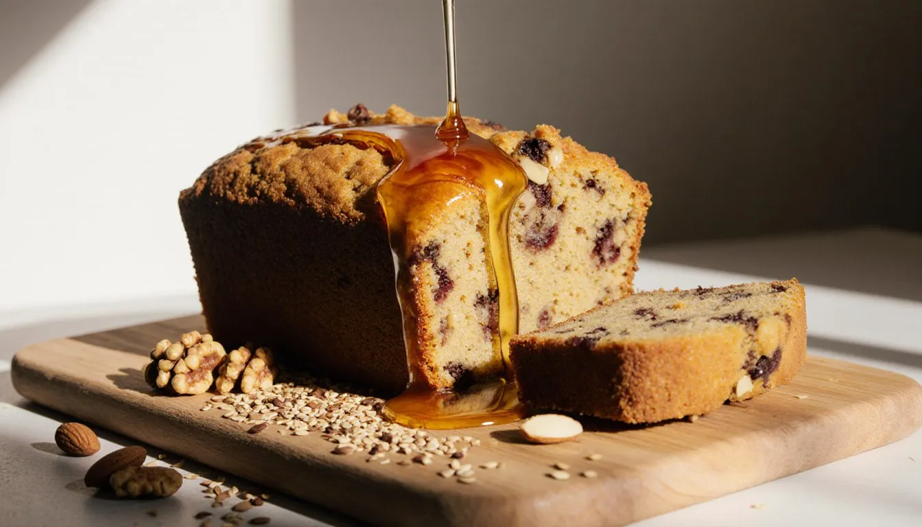 A sliced honey-almond sweetmeat cake studded with walnuts, drizzled with honey and surrounded by scattered nuts
