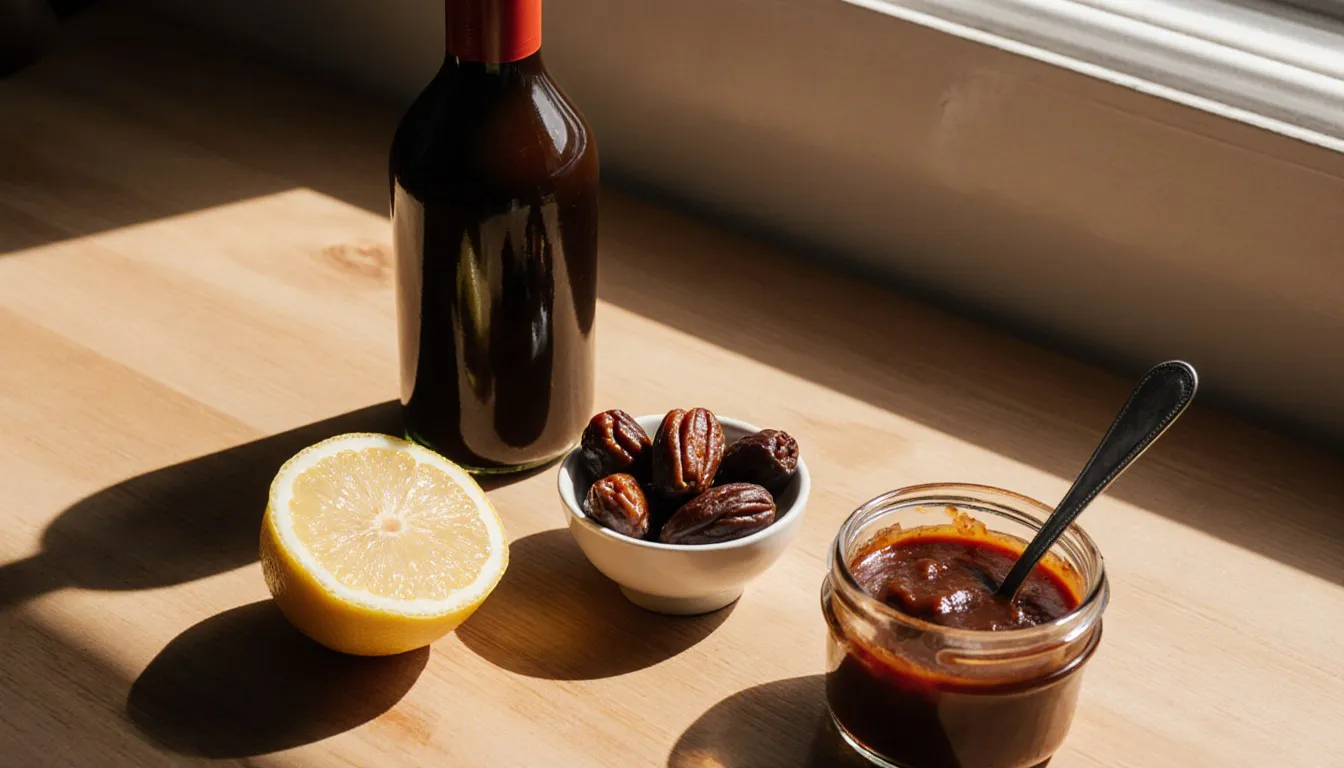 Tamarind paste, dates, prunes, lemon, and Worcestershire sauce arranged as substitute ingredients