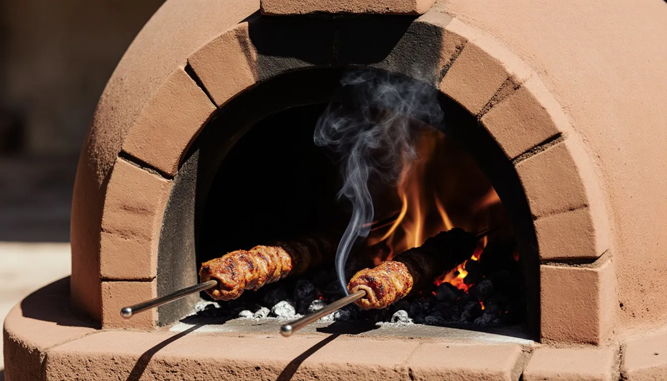 Skewers of marinated meat cooking inside a traditional clay tandoor oven over glowing charcoal