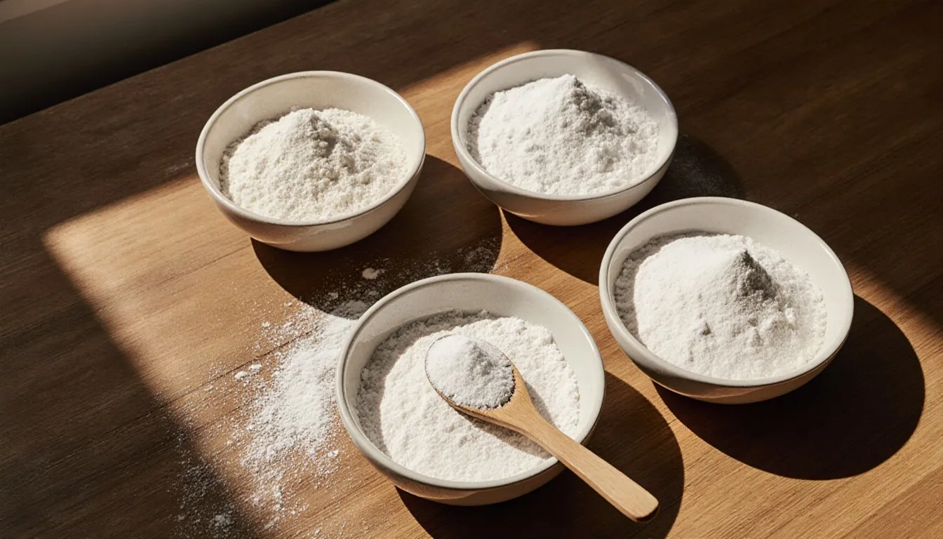 Bowls of tapioca flour, cornstarch, arrowroot, and rice flour arranged on a wooden counter