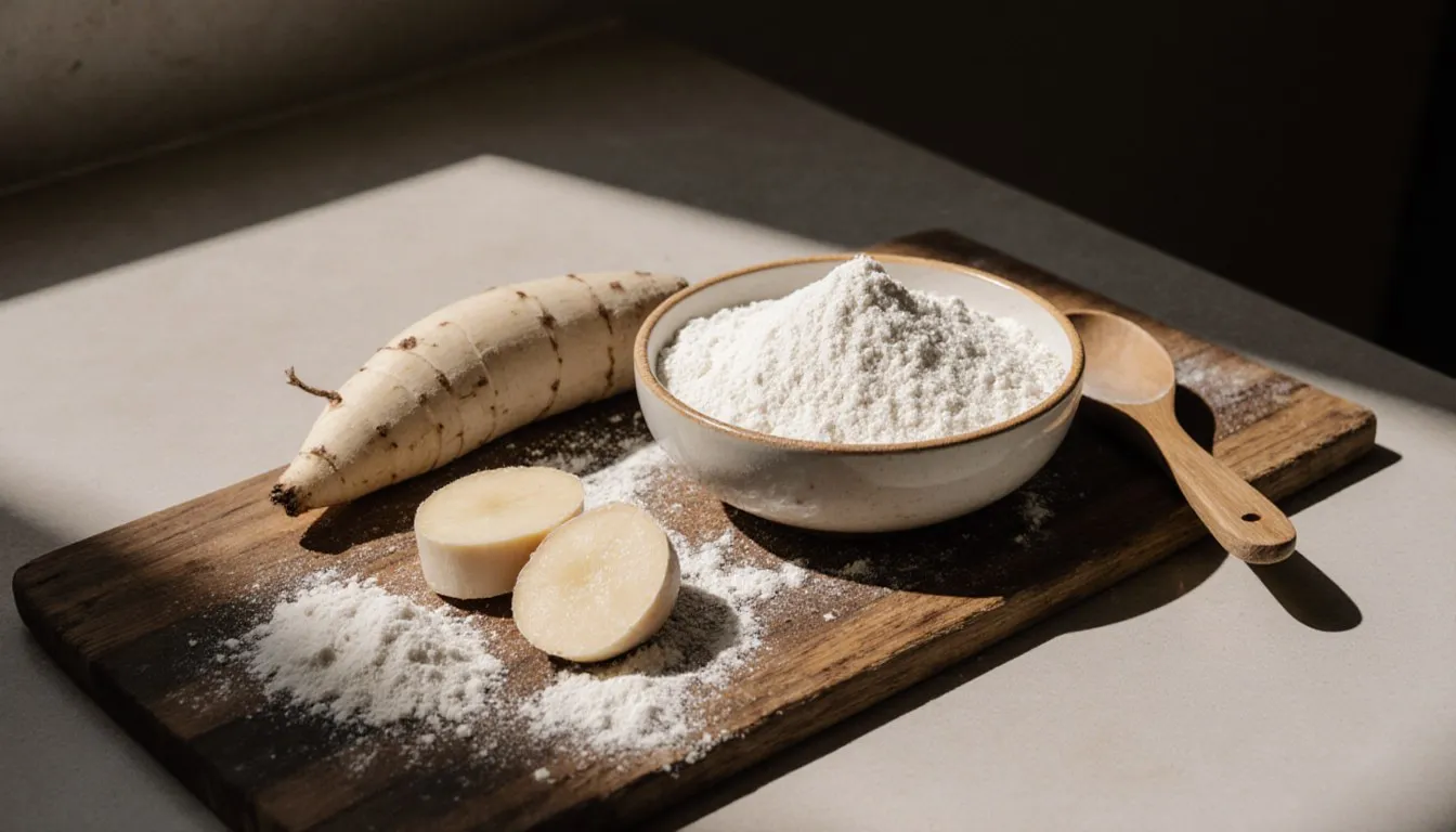 A bowl of fine tapioca flour beside peeled cassava root pieces on a wooden kitchen counter