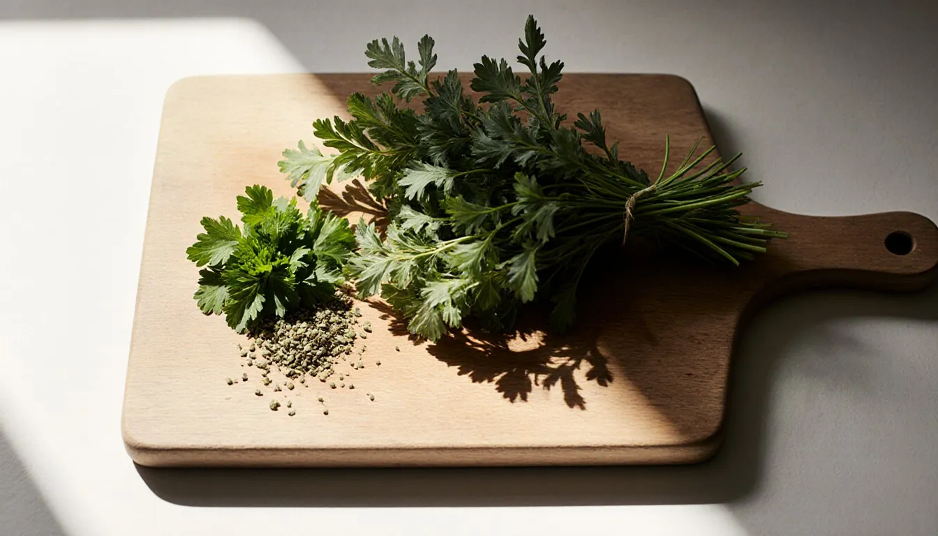Fresh tarragon sprigs beside chervil, parsley, and dried tarragon on a wooden board