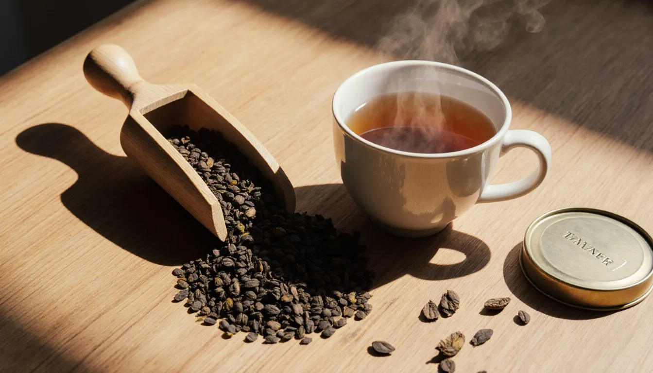 Loose black tea leaves spilling from a wooden scoop beside a steaming cup of brewed tea
