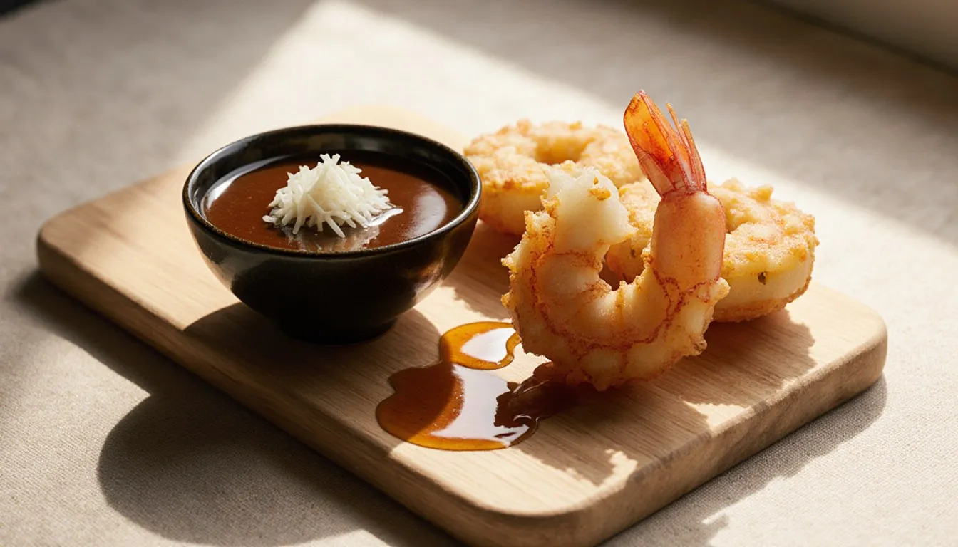 A bowl of tempura dipping sauce topped with grated ginger, served beside crisp fried shrimp tempura