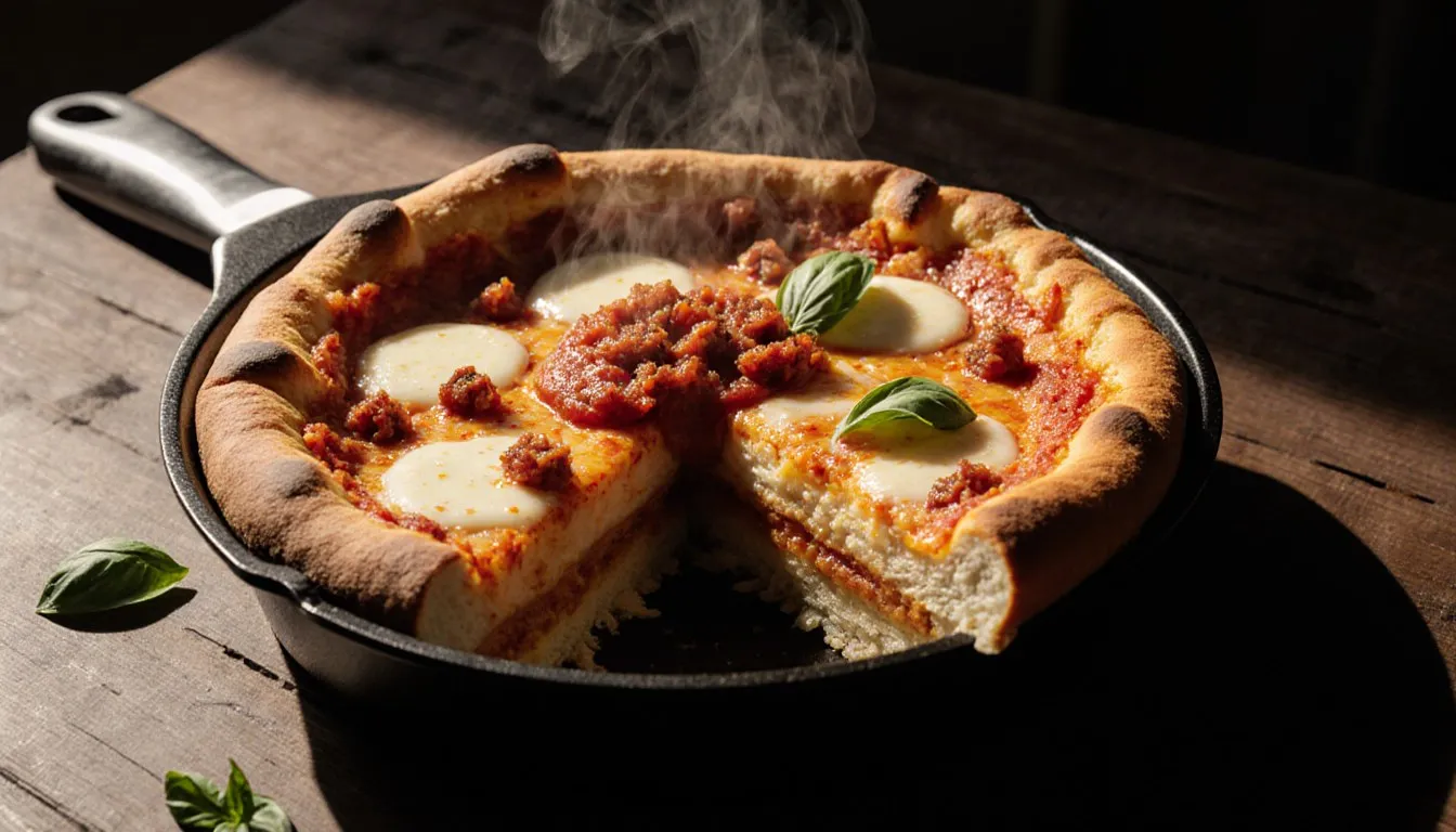 A sliced Chicago deep-dish pizza showing its thick crust, melted cheese, and chunky tomato sauce layers