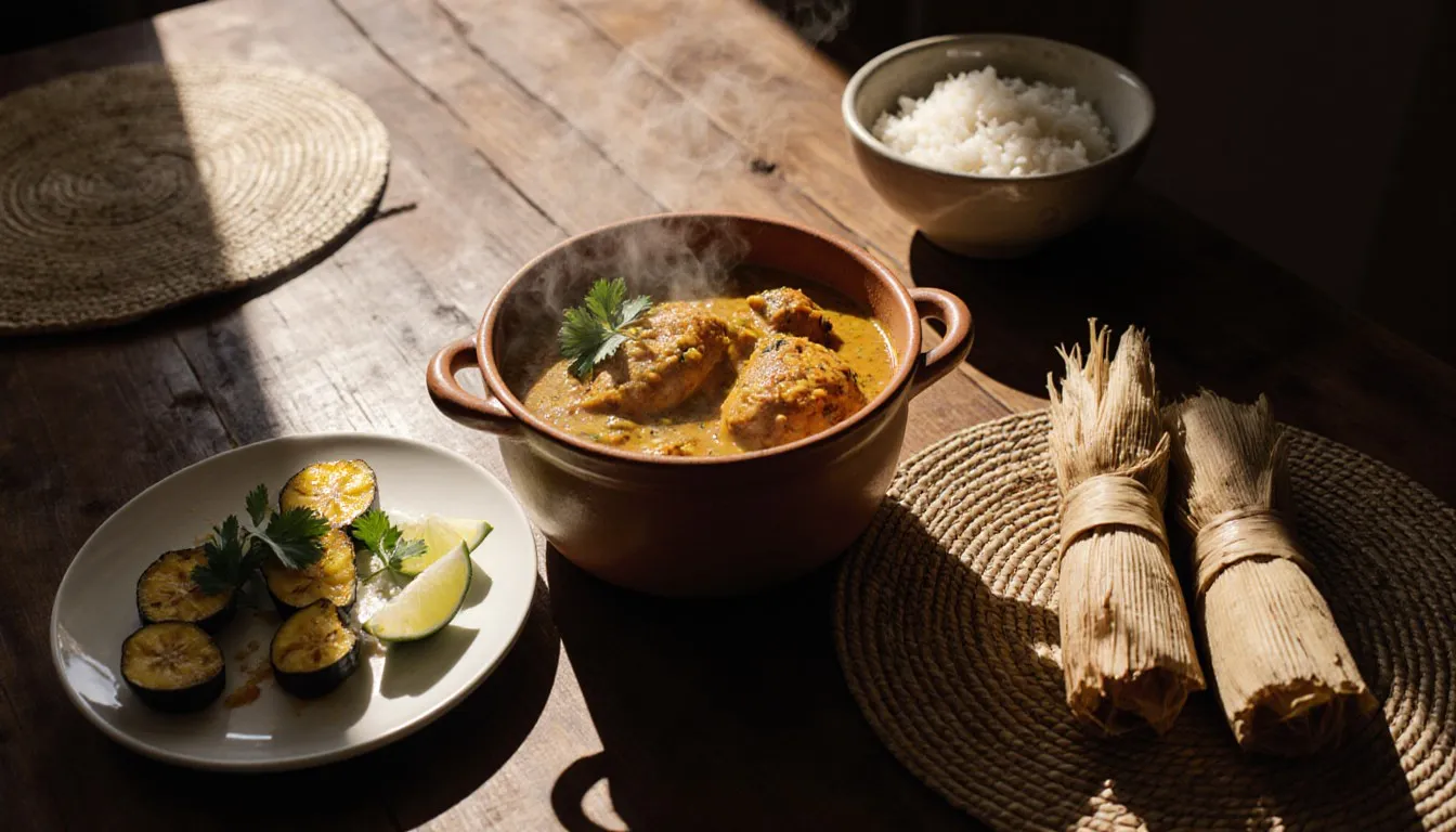 A rustic spread of Panamanian sancocho stew, fried plantains, and tamales on a wooden table
