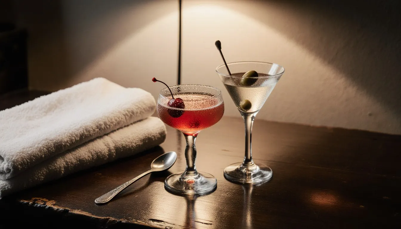 A Manhattan and a Martini cocktail sit side by side on a dark wooden bar counter