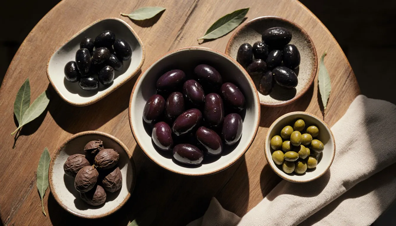 A bowl of Kalamata olives surrounded by small dishes of black olives, capers, Gaeta olives, and Niçoise olives