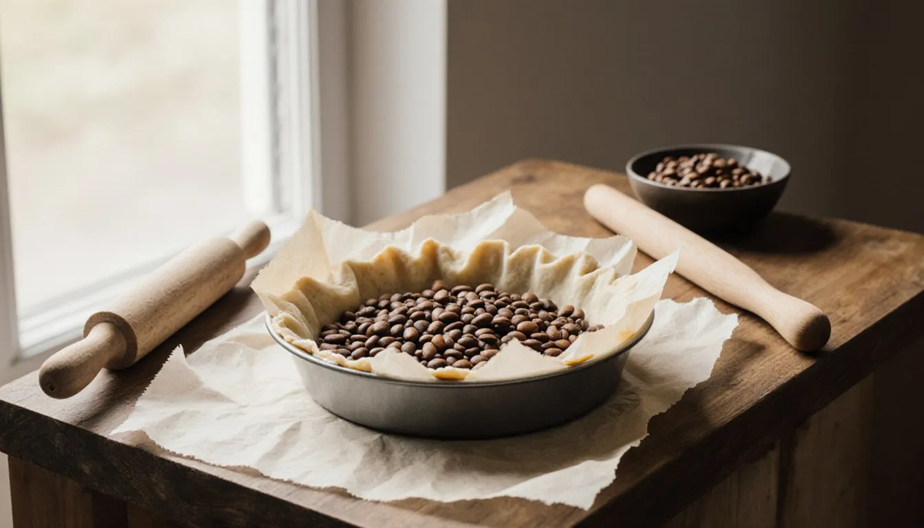 An unbaked pie crust lined with parchment and filled with dried beans for blind baking