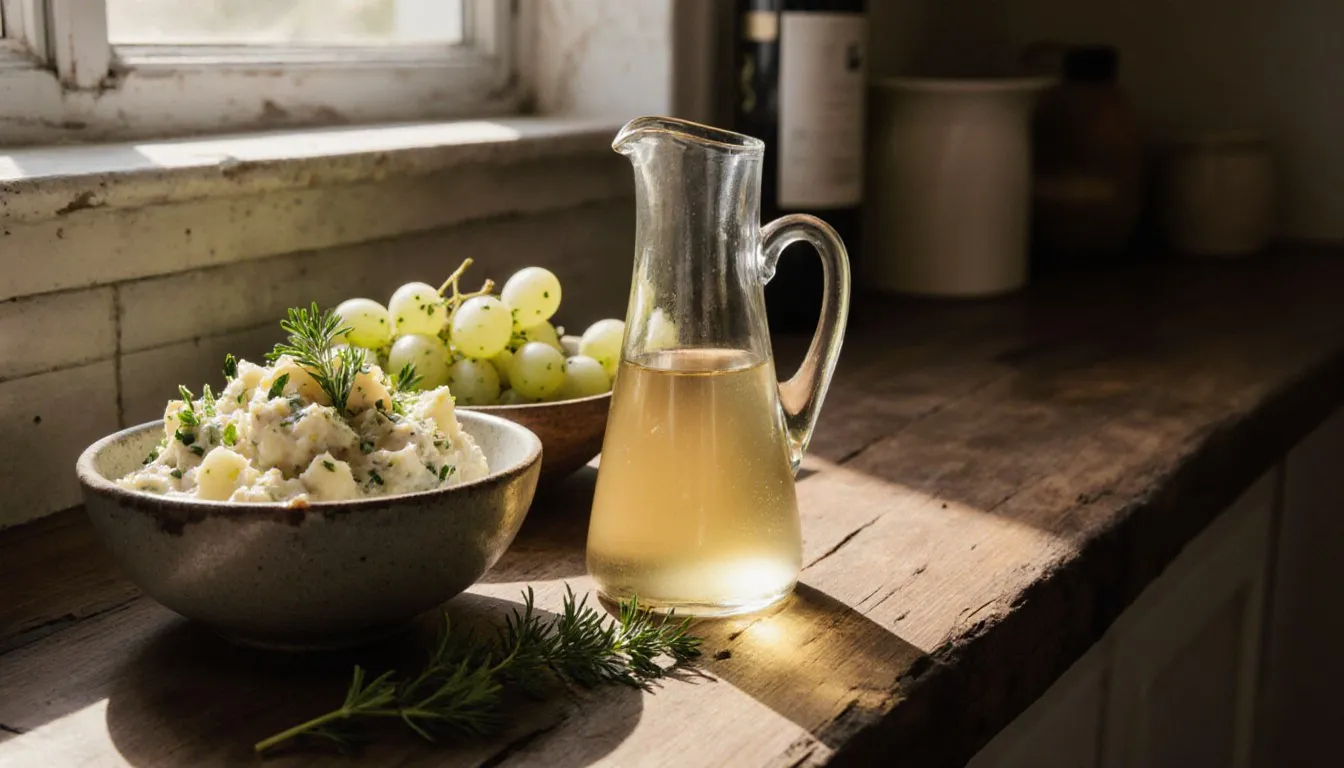A cruet of champagne vinegar beside a bowl of herb-flecked potato salad and fresh grapes on a wooden counter