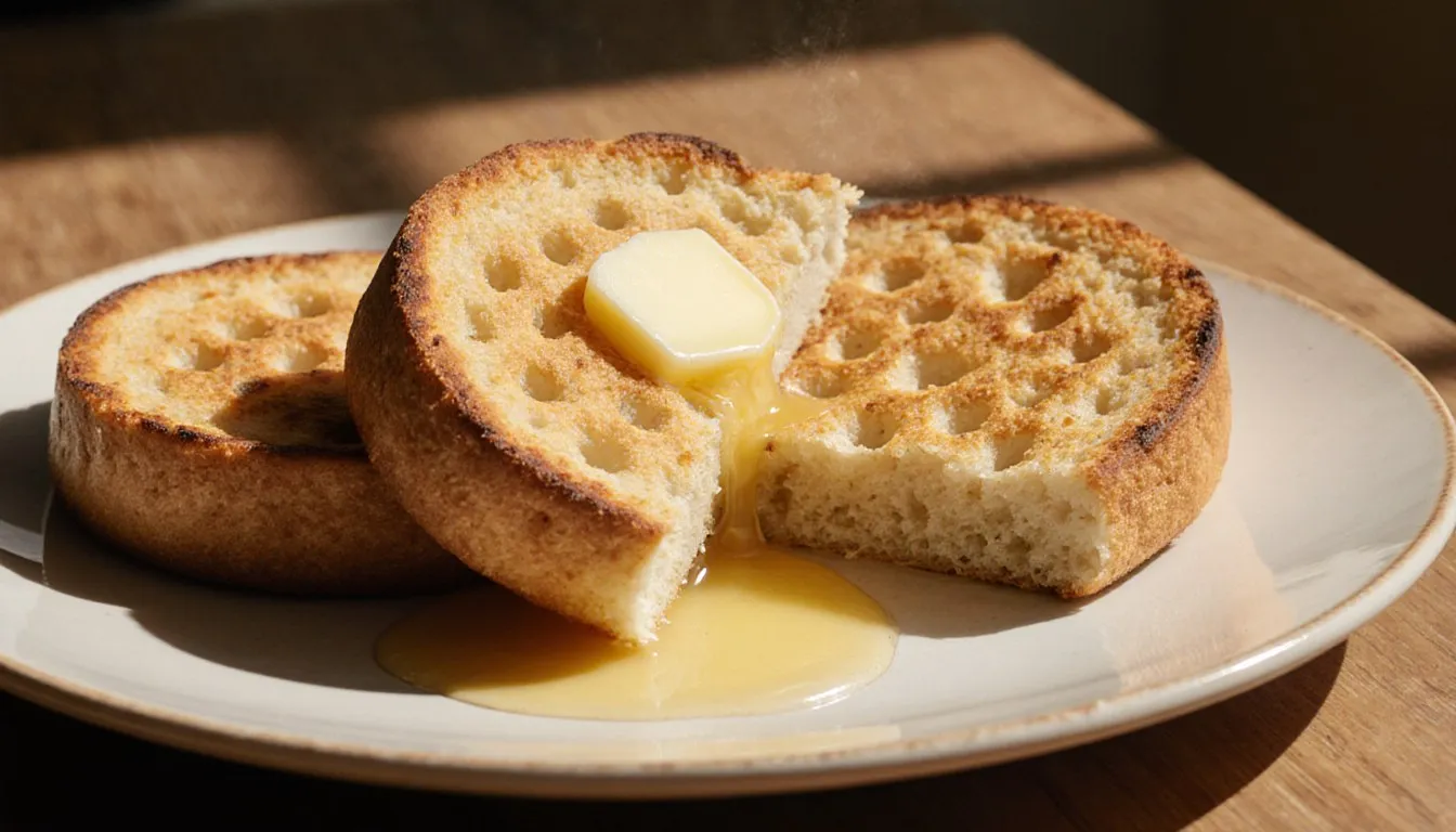 Golden toasted crumpets with melted butter pooling in their characteristic holes