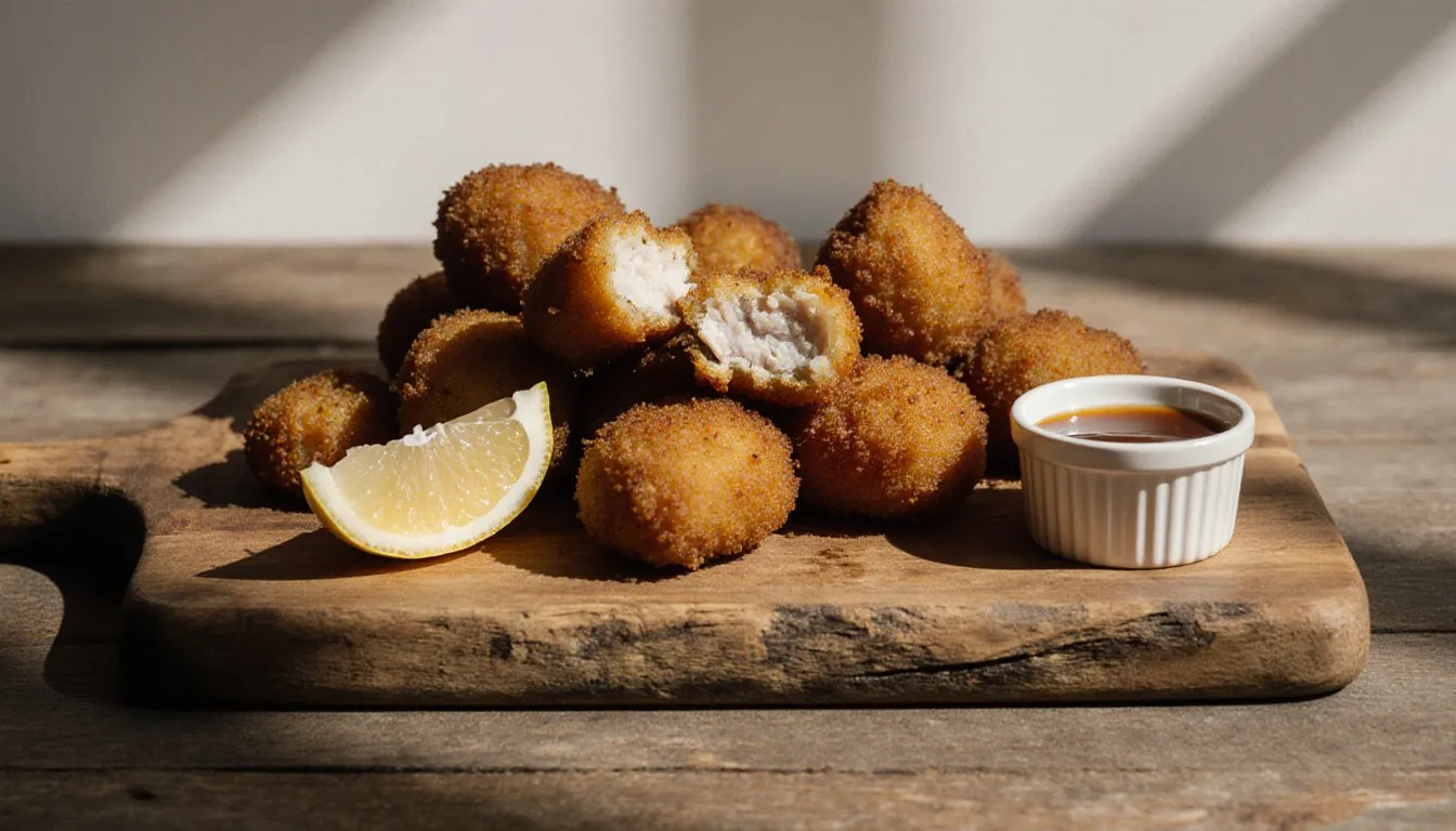 Golden fried alligator meat bites on a wooden board with lemon and dipping sauce