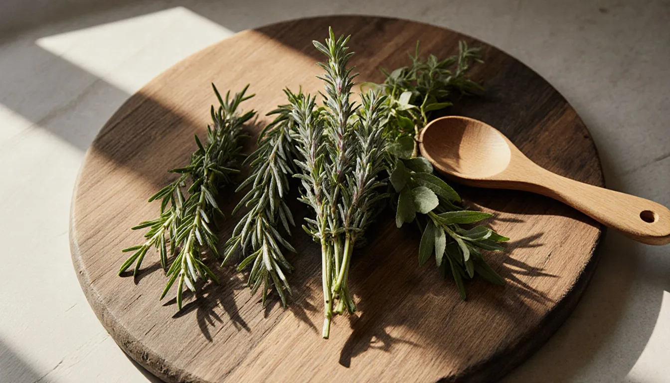 Fresh thyme sprigs beside rosemary, oregano, and marjoram on a wooden cutting board