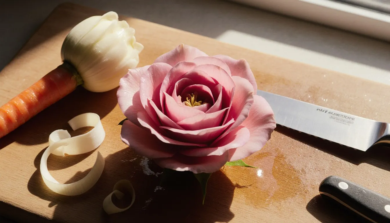 A radish carved into a rose and a carrot flower in progress on a cutting board with a paring knife