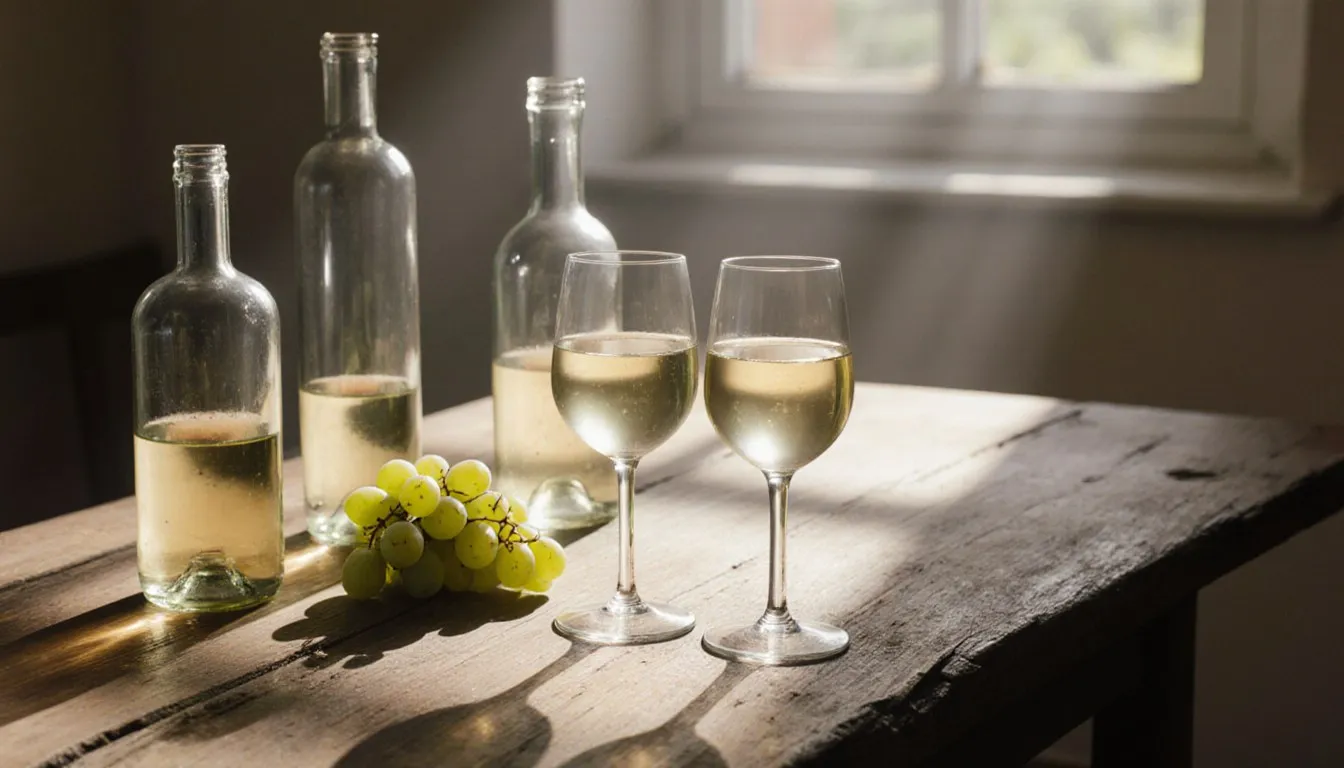 Three glasses of white wine ranging from pale to golden, arranged on a wooden table with grapes and bottles