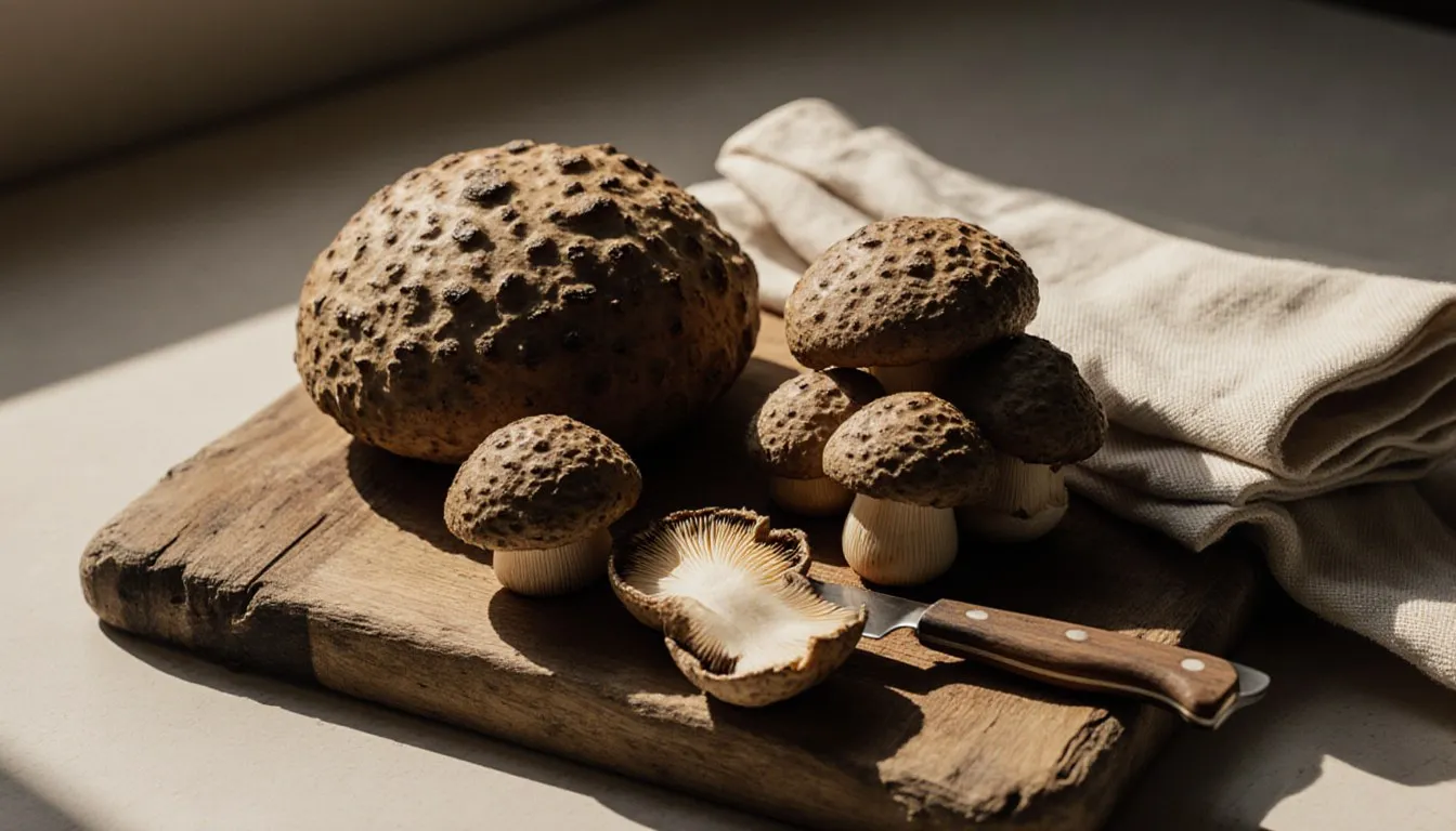 Fresh morel mushrooms, some halved to show their honeycombed interior, on a wooden cutting board