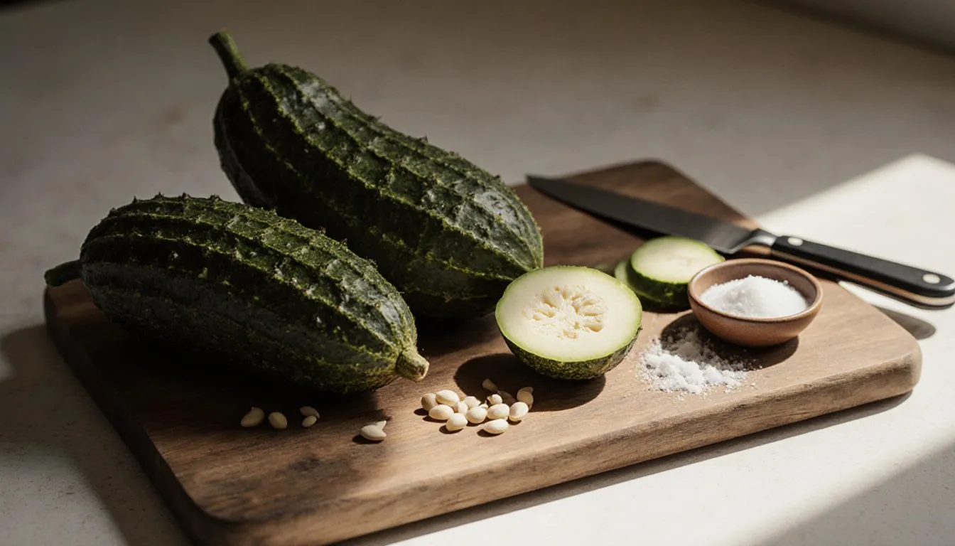 Whole and sliced bitter gourd on a wooden board with a bowl of salt for reducing bitterness
