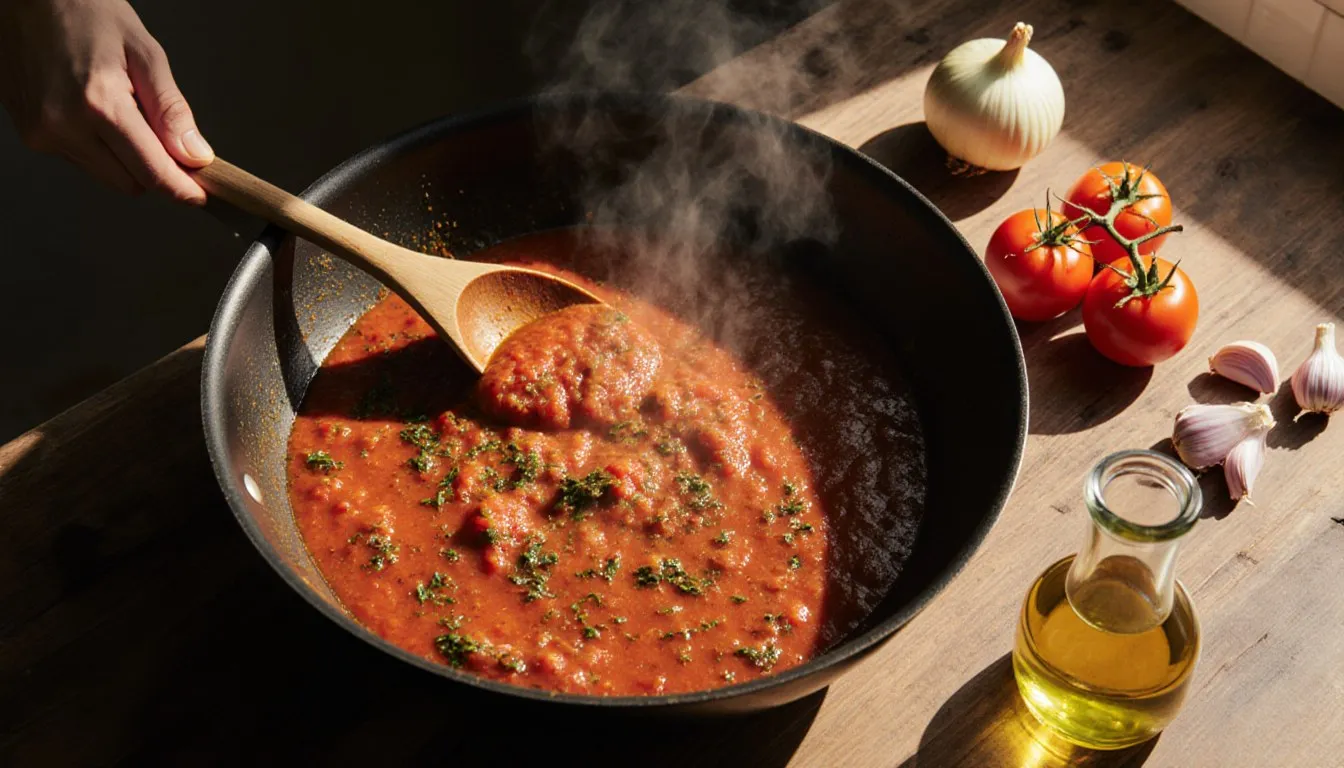 Fresh tomato sauce simmering in a skillet beside whole tomatoes, garlic, and onion on a wood counter