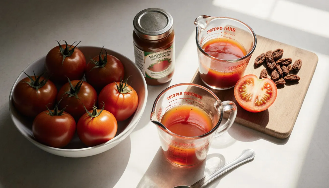 Ripe tomatoes, tomato paste, and sun-dried tomatoes arranged as quick sauce substitute ingredients